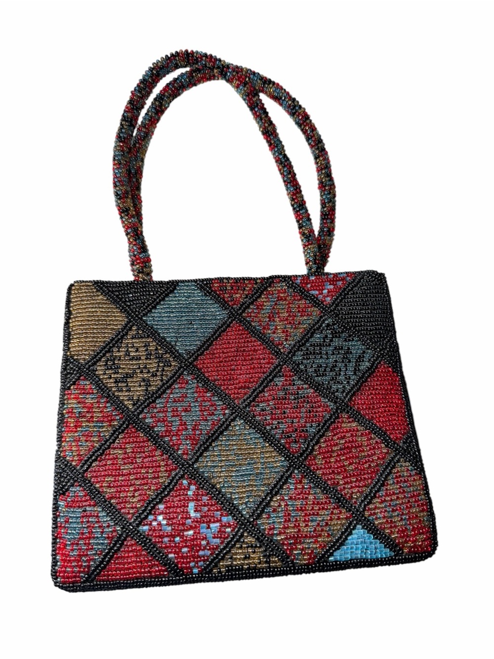 Vintage Ermo Beaded Patchwork Tote Handbag in Red, Black and Multicolor